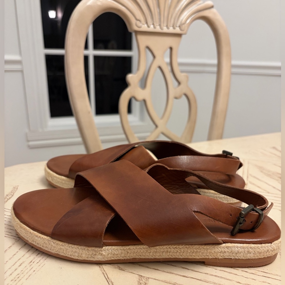 St. Agni Cognac Brown Leather Cross-Strap Espadrille Sandals
